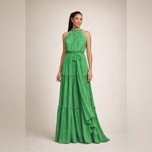 Betsy & Adam Daniela Green Pleated Halter Maxi Dress Tie Waist Size 10 NWT